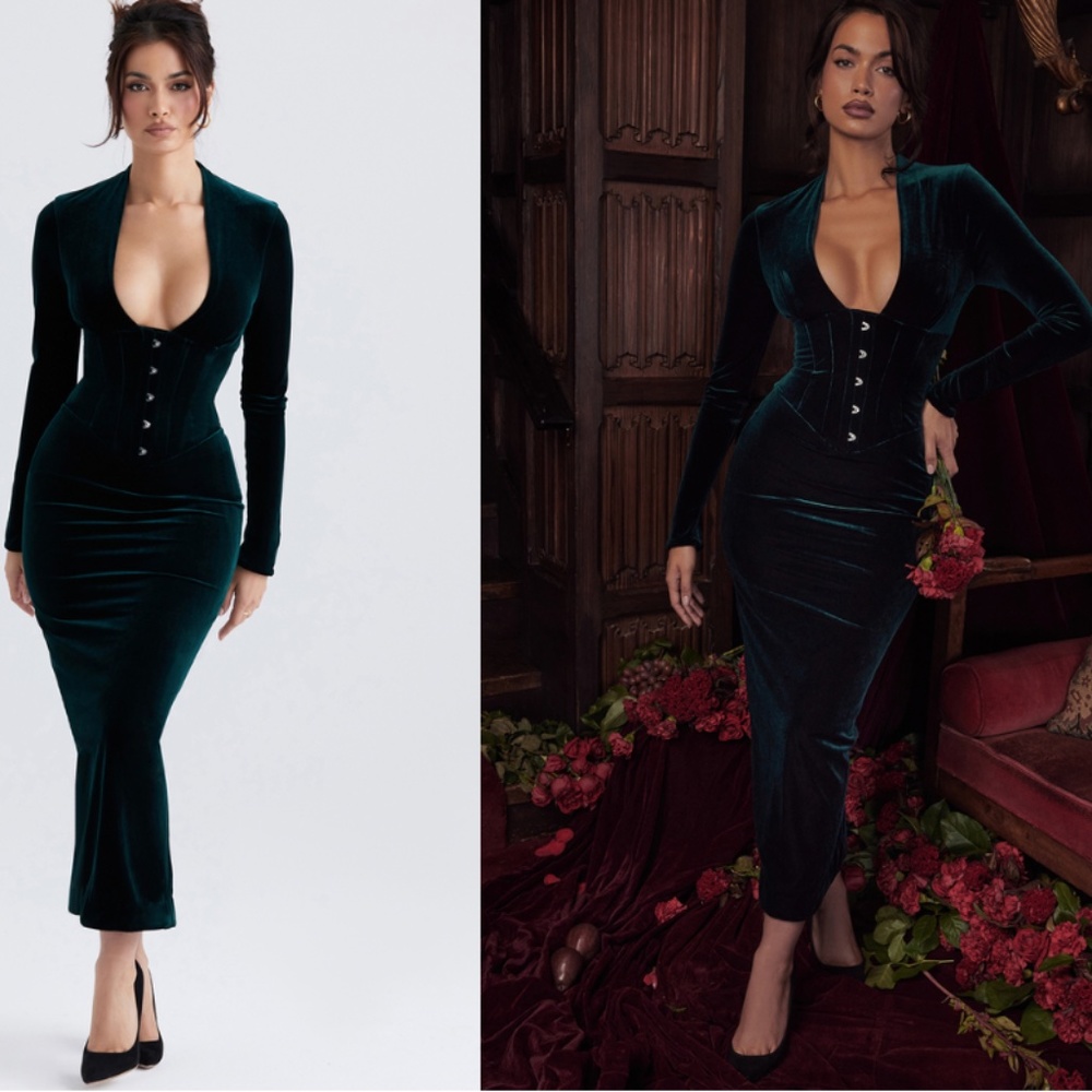 AUTHENTIC ! HOUSE OF CB 'Arabella' FOREST VELVET CORSET DRESS
